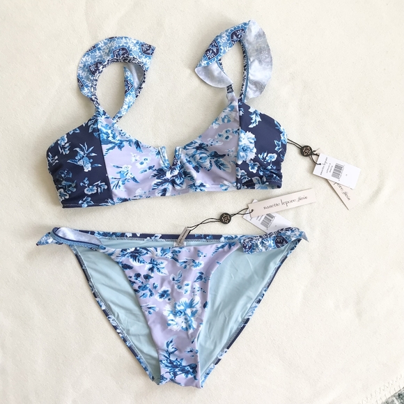 NWT Nanette Lepore SET Beatrice Blue Ruffle Bralette Top Bottom Swim Bikini L 12